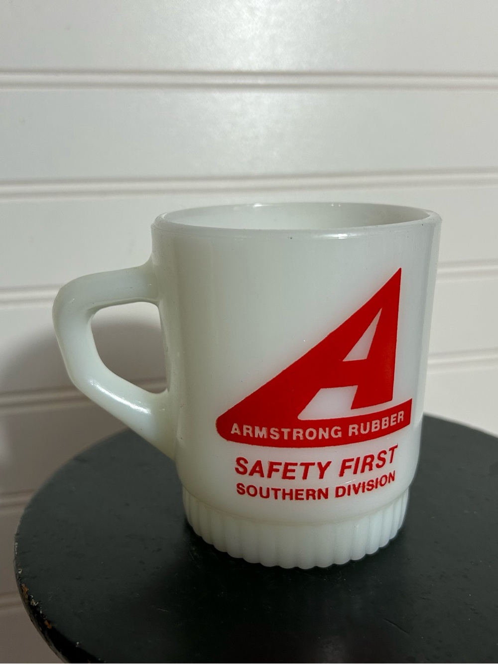 Vintage Fire King milk glass advertising coffee mug Armstrong Rubber